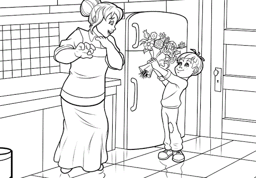 Kolorowanka online: Kolorowanka chłopiec ze skromnym bukietem dla mamy